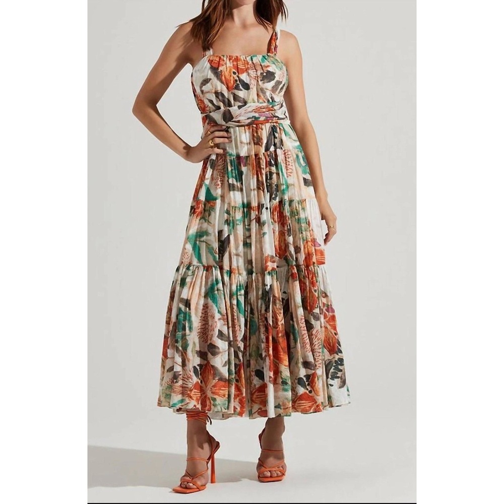 ASTR the Label Almina Dress Sz S Taupe Orange Multi Floral Tiered Maxi Botanical